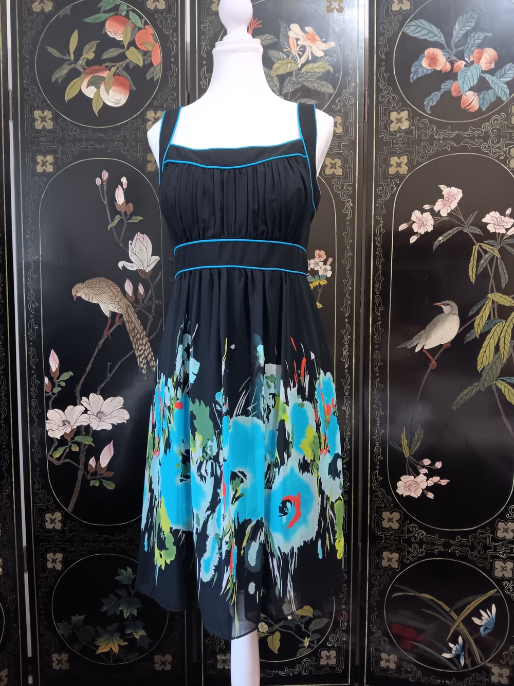 Black Midi Dress with Blue Floral Print